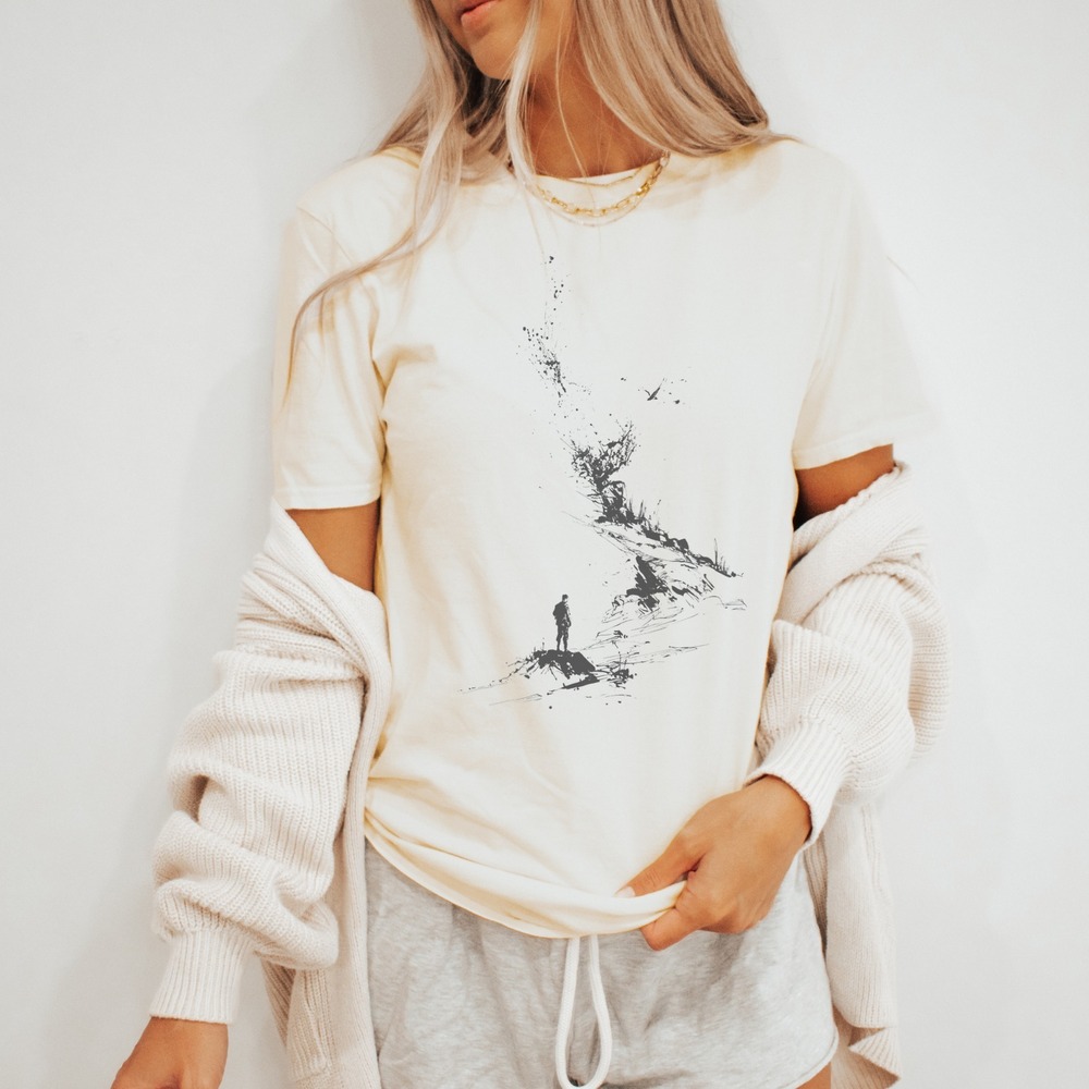 Explosive Landscape Ink Sketch Graphic Tee Natural